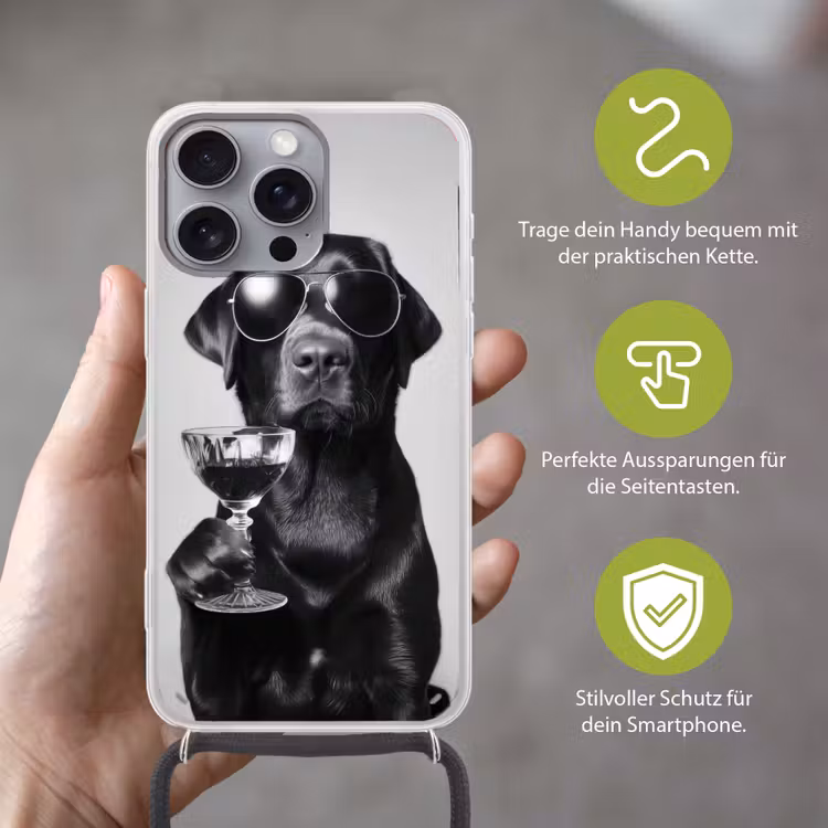 Hond - Zwart - Wijnglas - Zonnebril Hoesje iPhone 16 Pro Max met koord klein -sfeer2_DE