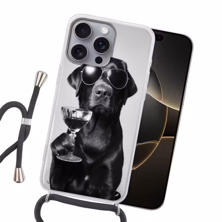 Hond - Zwart - Wijnglas - Zonnebril Hoesje iPhone 16 Pro Max met koord klein -sfeer1