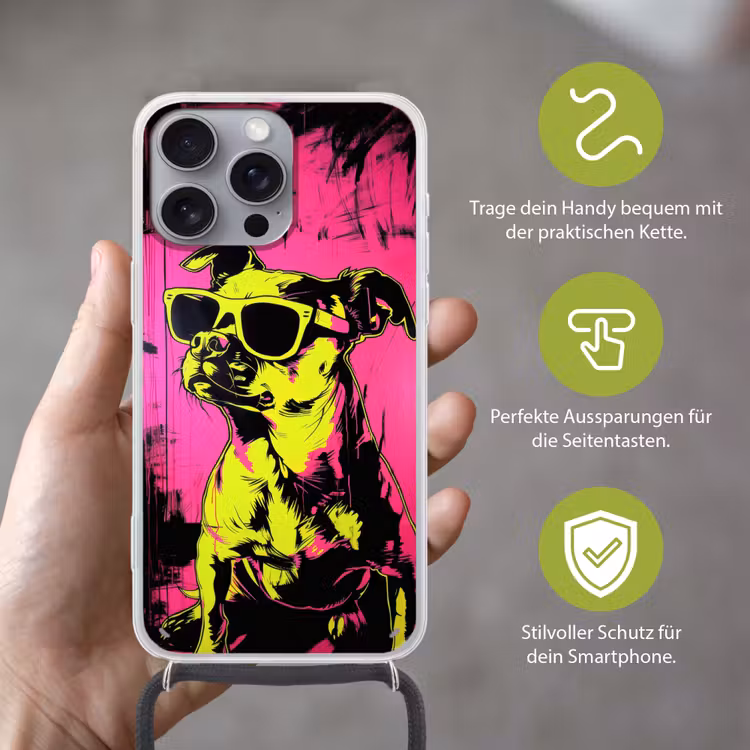 Hond - Zonnebril - Roze - Art Hoesje iPhone 16 Pro Max met koord klein -sfeer2_DE