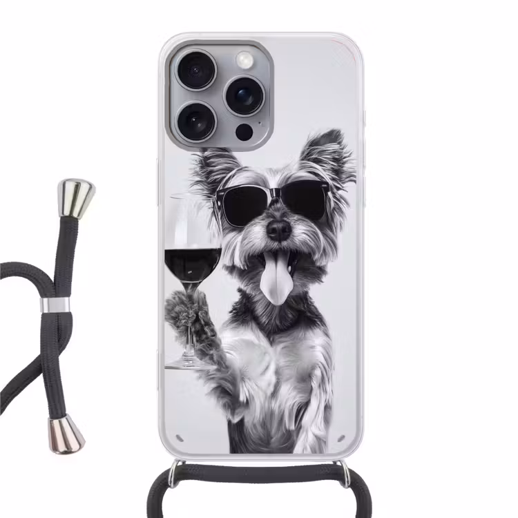 Hondje - Wijnglas - Zonnebril - Enthousiast Hoesje iPhone 16 Pro Max met koord klein -3d