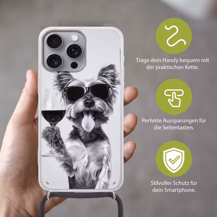 Hondje - Wijnglas - Zonnebril - Enthousiast Hoesje iPhone 16 Pro Max met koord klein -sfeer2_DE