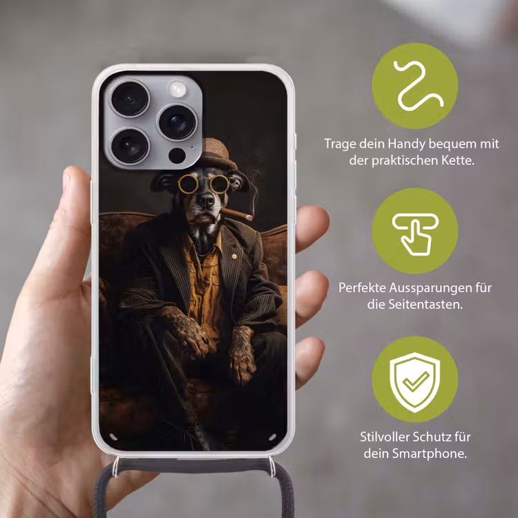 Hond - Sigaar - Hoed - Pak Hoesje iPhone 16 Pro Max met koord klein -sfeer2_DE
