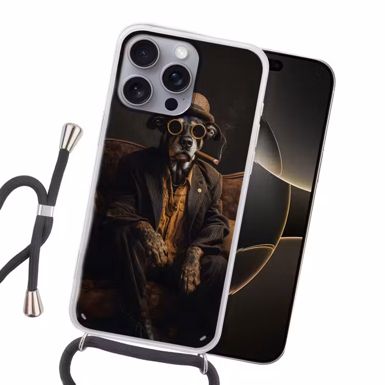 Hond - Sigaar - Hoed - Pak Hoesje iPhone 16 Pro Max met koord klein -sfeer1