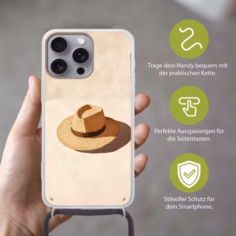 Hoed - Minimalistisch - Schaduw - Beige Hoesje iPhone 16 Pro Max met koord klein -sfeer2_DE