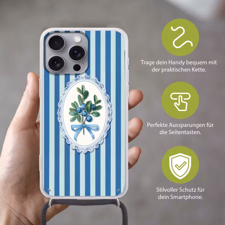 Illustratie - Bessen - Blauw - Strepen Hoesje iPhone 16 Pro Max met koord klein -sfeer2_DE