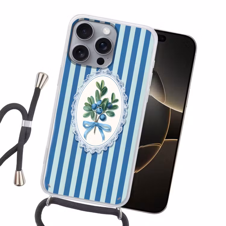 Illustratie - Bessen - Blauw - Strepen Hoesje iPhone 16 Pro Max met koord klein -sfeer1