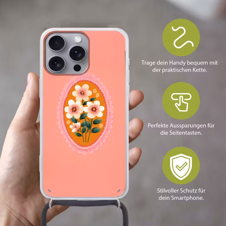 Illustratie - Bloemen - Rand - Roze Hoesje iPhone 16 Pro Max met koord klein -sfeer2_DE