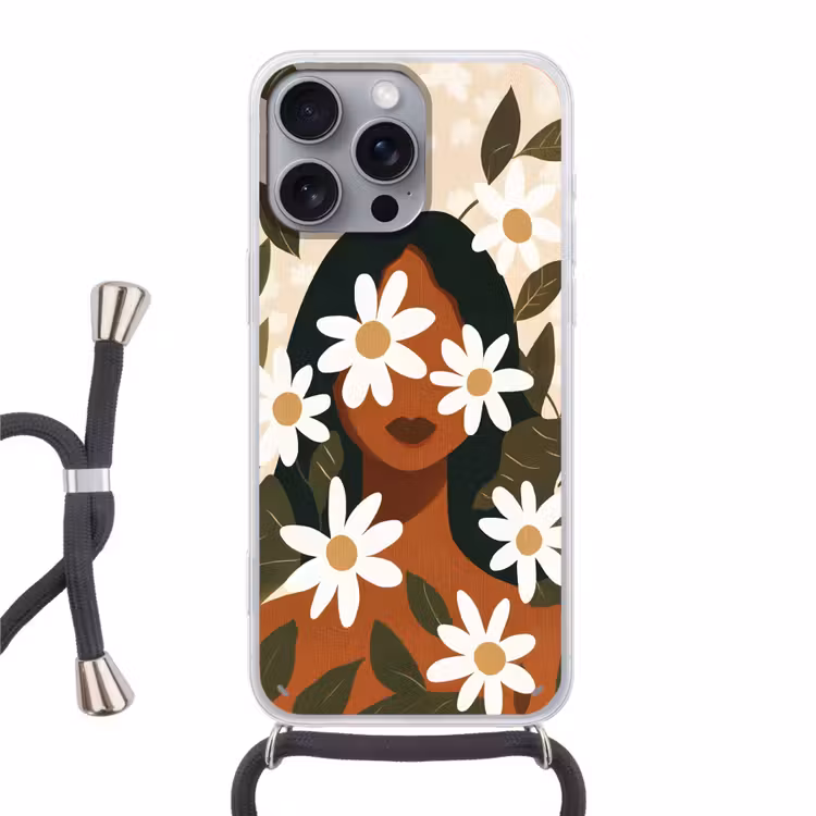 Illustratie - Vrouw - Madeliefjes - Wit Hoesje iPhone 16 Pro Max met koord klein -3d