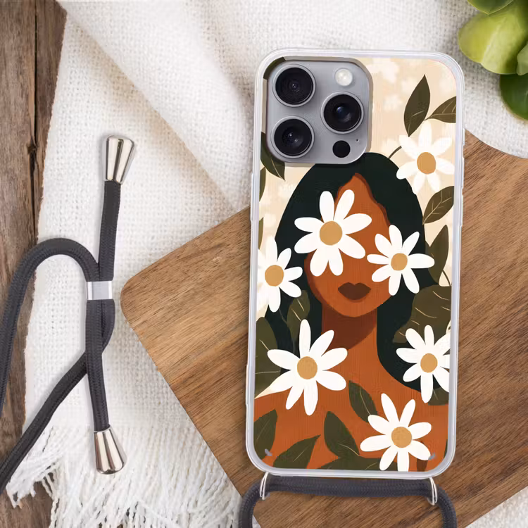 Illustratie - Vrouw - Madeliefjes - Wit Hoesje iPhone 16 Pro Max met koord klein -sfeer4