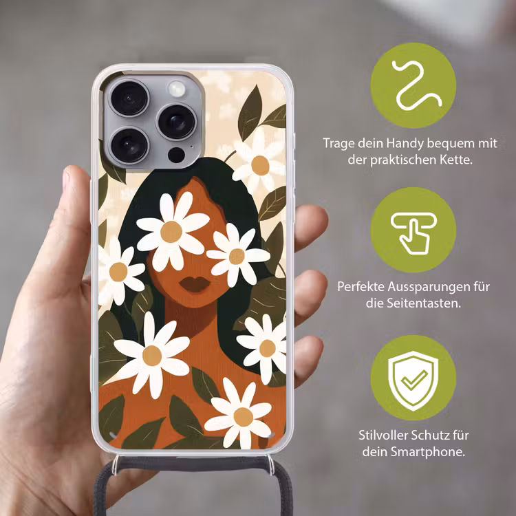 Illustratie - Vrouw - Madeliefjes - Wit Hoesje iPhone 16 Pro Max met koord klein -sfeer2_DE