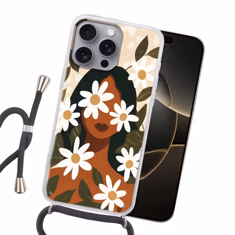 Illustratie - Vrouw - Madeliefjes - Wit Hoesje iPhone 16 Pro Max met koord klein -sfeer1