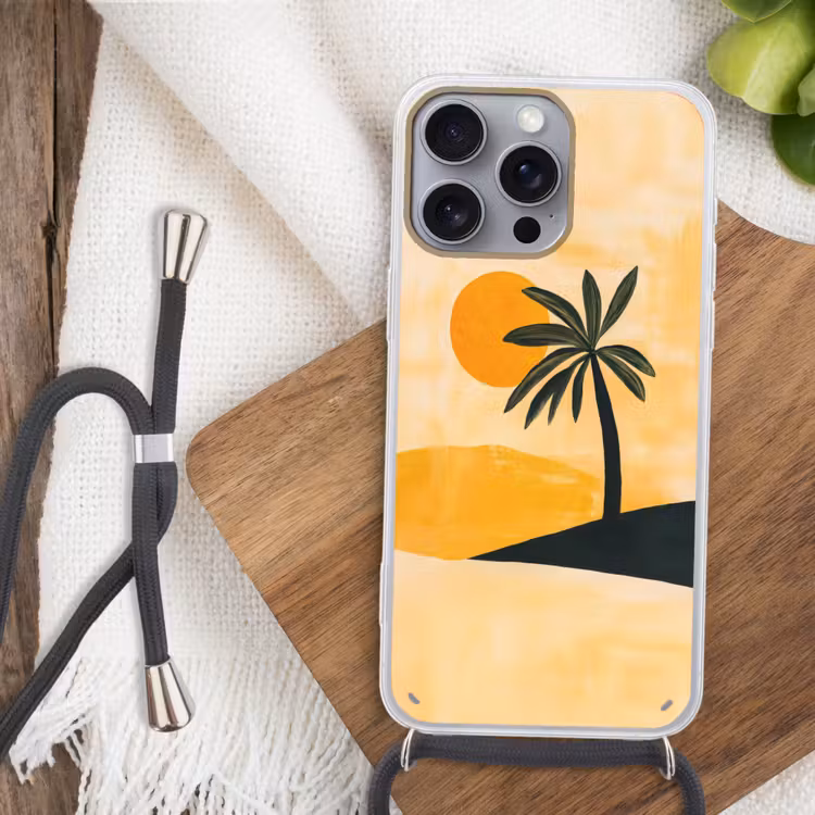 Illustratie - Palmboom - Zon - Heuvels Hoesje iPhone 16 Pro Max met koord klein -sfeer4