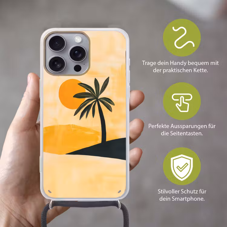 Illustratie - Palmboom - Zon - Heuvels Hoesje iPhone 16 Pro Max met koord klein -sfeer2_DE