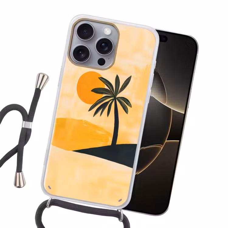 Illustratie - Palmboom - Zon - Heuvels Hoesje iPhone 16 Pro Max met koord klein -sfeer1