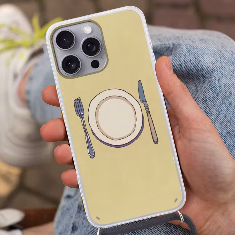Illustratie - Bord - Bestek - Beige Hoesje iPhone 16 Pro Max met koord klein -sfeer3