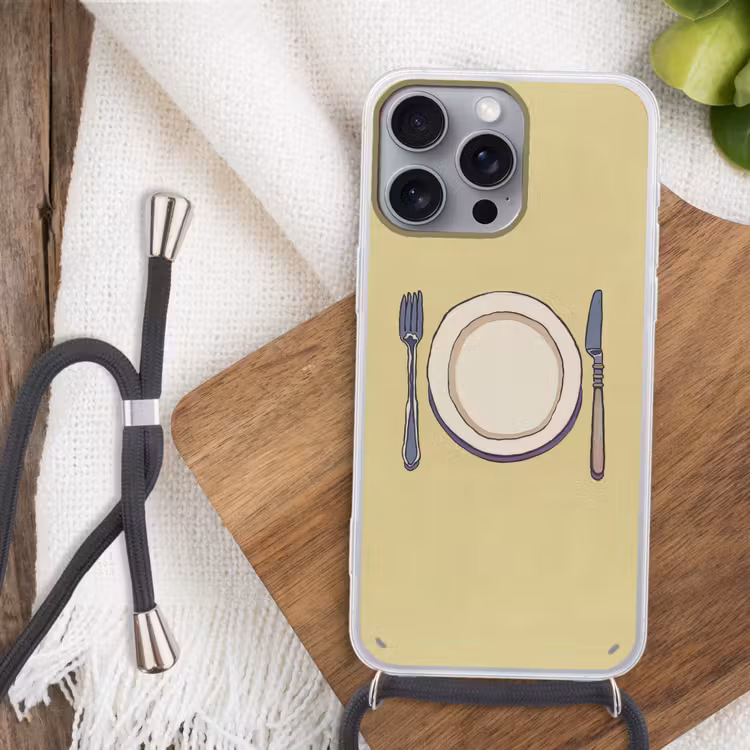 Illustratie - Bord - Bestek - Beige Hoesje iPhone 16 Pro Max met koord klein -sfeer4
