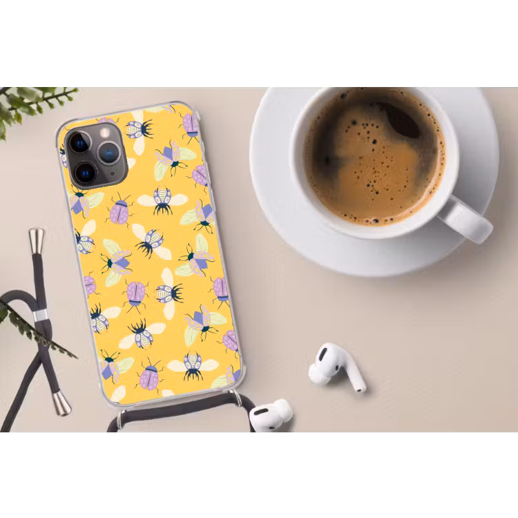 Insecten - Patroon - Geel - Paars - Kleurrijk Hoesje iPhone 12 Pro met koord klein -oordop