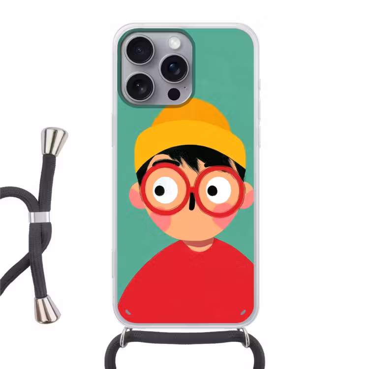 Jongen - Cartoon - Bril - Muts Hoesje iPhone 16 Pro Max met koord klein -3d