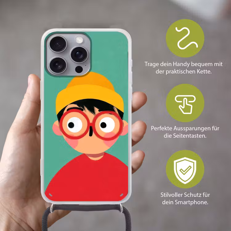 Jongen - Cartoon - Bril - Muts Hoesje iPhone 16 Pro Max met koord klein -sfeer2_DE