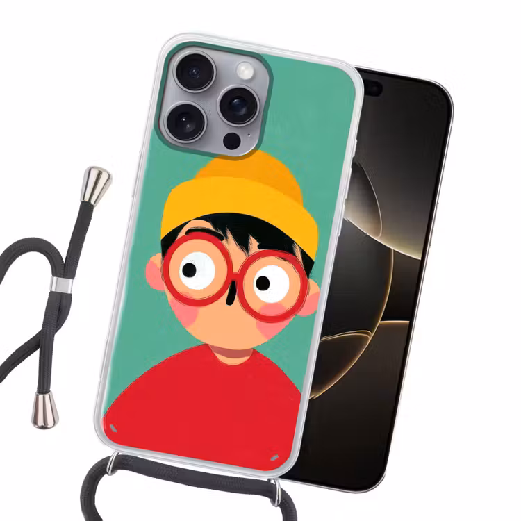 Jongen - Cartoon - Bril - Muts Hoesje iPhone 16 Pro Max met koord klein -sfeer1