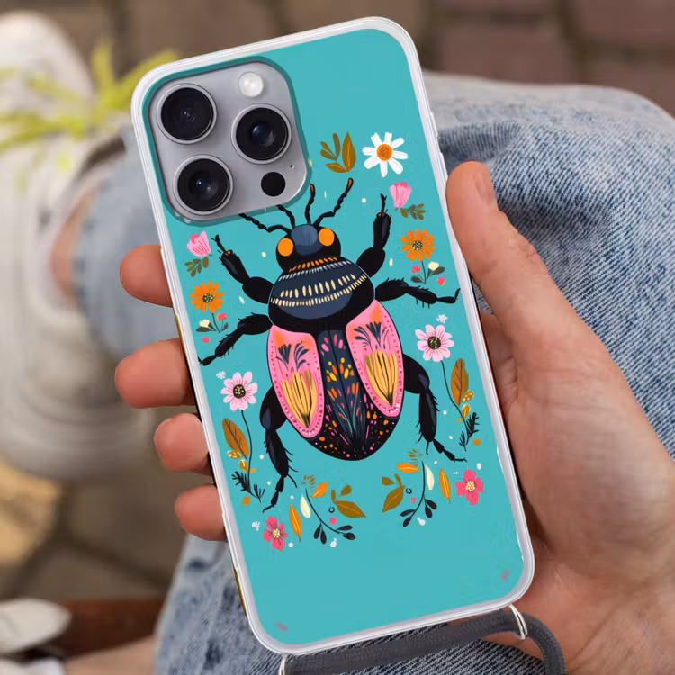 Kever - Bloemmotieven - Turquoise - Bladeren Hoesje iPhone 16 Pro Max met koord klein -sfeer3