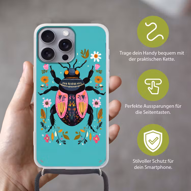 Kever - Bloemmotieven - Turquoise - Bladeren Hoesje iPhone 16 Pro Max met koord klein -sfeer2_DE