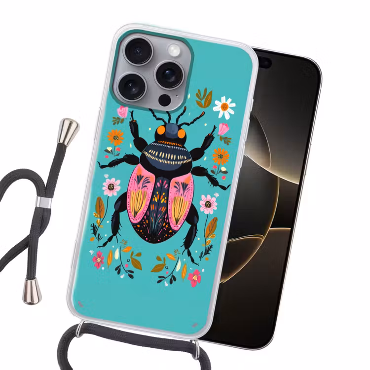 Kever - Bloemmotieven - Turquoise - Bladeren Hoesje iPhone 16 Pro Max met koord klein -sfeer1