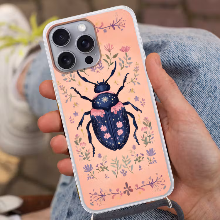 Kever - Donkerblauw - Bloemen - Sierlijk Hoesje iPhone 16 Pro Max met koord klein -sfeer3