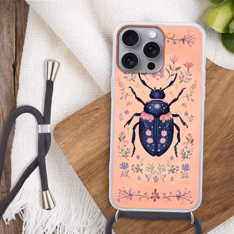 Kever - Donkerblauw - Bloemen - Sierlijk Hoesje iPhone 16 Pro Max met koord klein -sfeer4