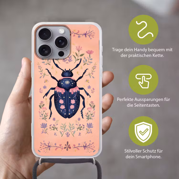 Kever - Donkerblauw - Bloemen - Sierlijk Hoesje iPhone 16 Pro Max met koord klein -sfeer2_DE
