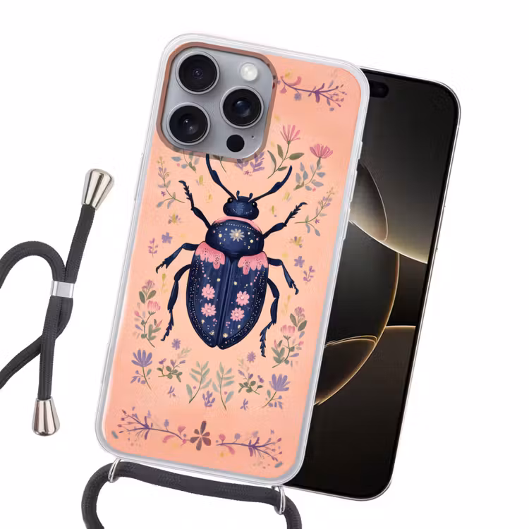 Kever - Donkerblauw - Bloemen - Sierlijk Hoesje iPhone 16 Pro Max met koord klein -sfeer1