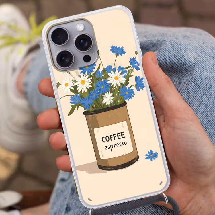 Coffee - Blik - Minimalistisch - Bloemen Hoesje iPhone 16 Pro Max met koord klein -sfeer3