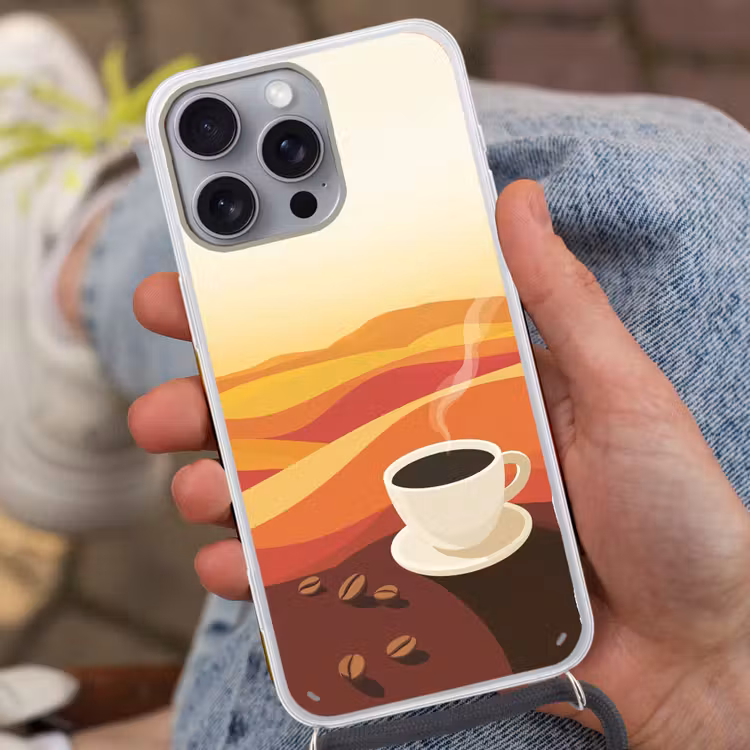 Koffie - Landschap - Oranje - Koffiebonen Hoesje iPhone 16 Pro Max met koord klein -sfeer3