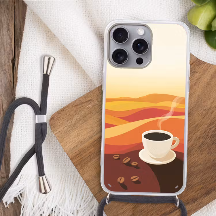 Koffie - Landschap - Oranje - Koffiebonen Hoesje iPhone 16 Pro Max met koord klein -sfeer4