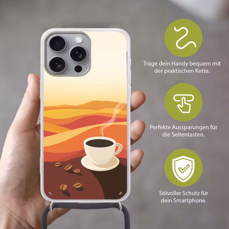 Koffie - Landschap - Oranje - Koffiebonen Hoesje iPhone 16 Pro Max met koord klein -sfeer2_DE