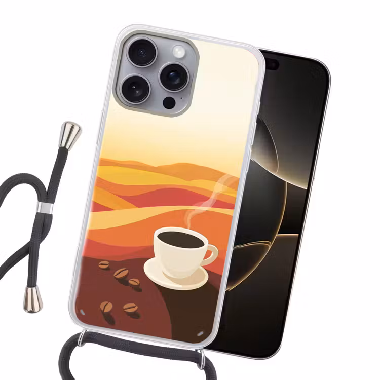 Koffie - Landschap - Oranje - Koffiebonen Hoesje iPhone 16 Pro Max met koord klein -sfeer1