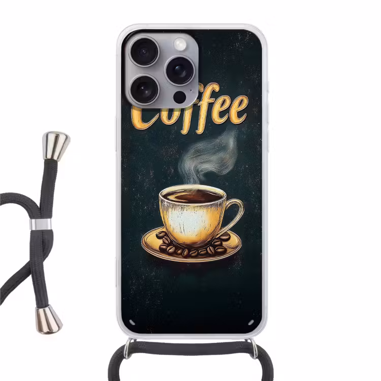 Koffie - Schotel - Koffiebonen - Retro Hoesje iPhone 16 Pro Max met koord klein -3d