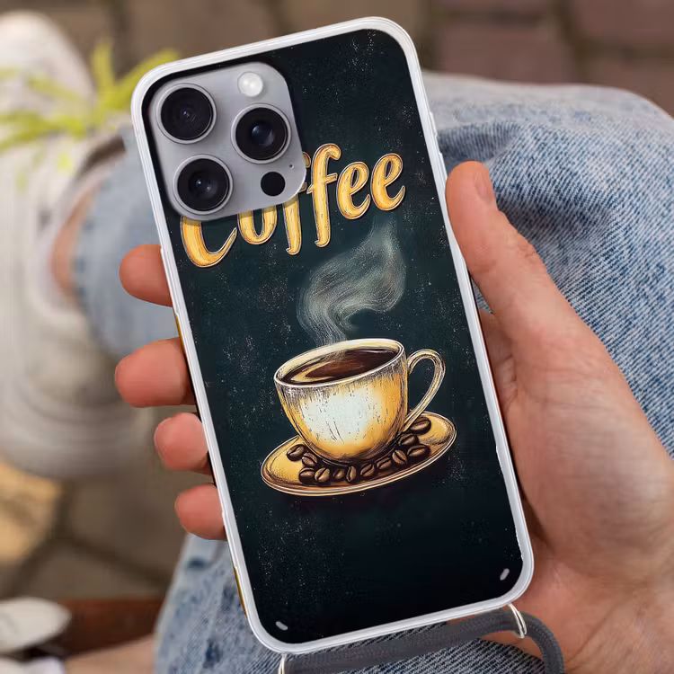 Koffie - Schotel - Koffiebonen - Retro Hoesje iPhone 16 Pro Max met koord klein -sfeer3