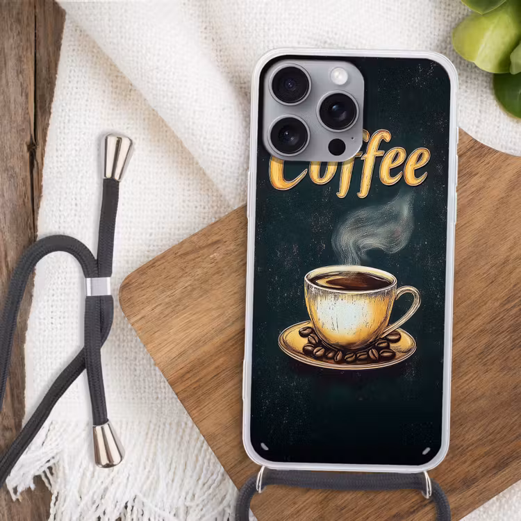 Koffie - Schotel - Koffiebonen - Retro Hoesje iPhone 16 Pro Max met koord klein -sfeer4