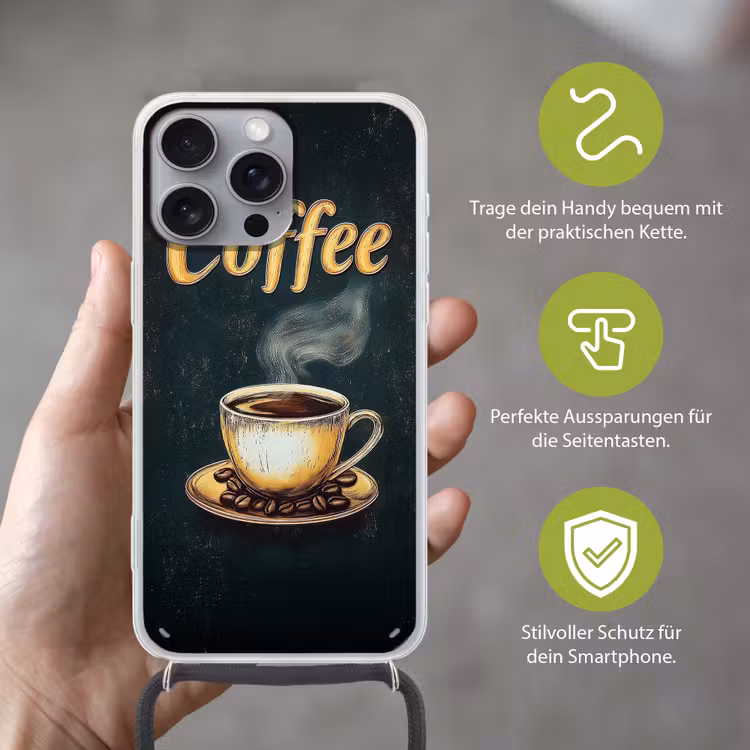 Koffie - Schotel - Koffiebonen - Retro Hoesje iPhone 16 Pro Max met koord klein -sfeer2_DE