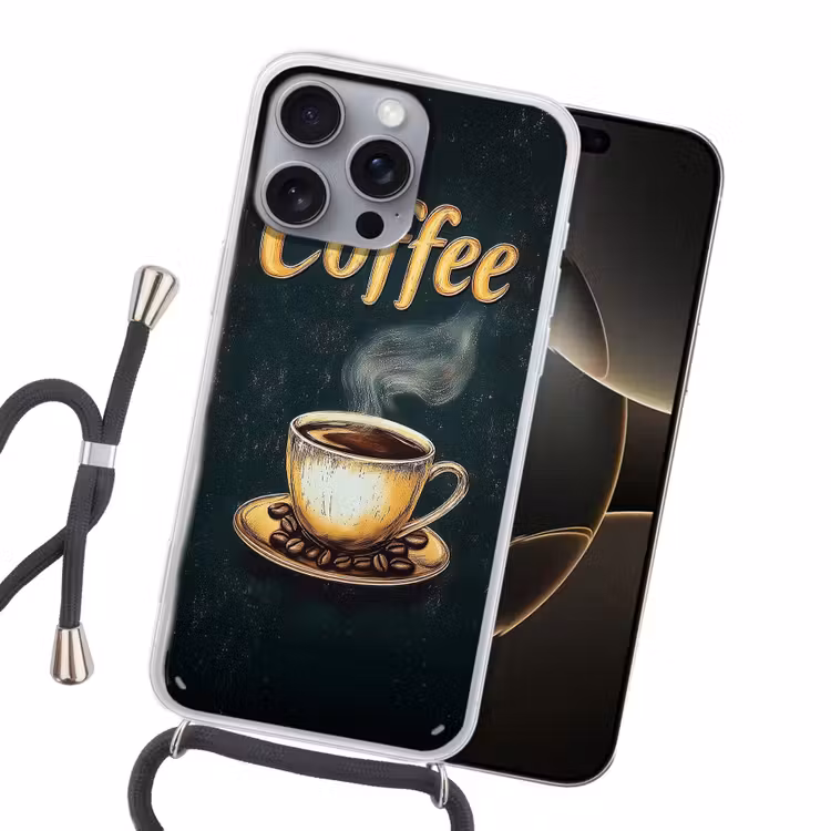 Koffie - Schotel - Koffiebonen - Retro Hoesje iPhone 16 Pro Max met koord klein -sfeer1