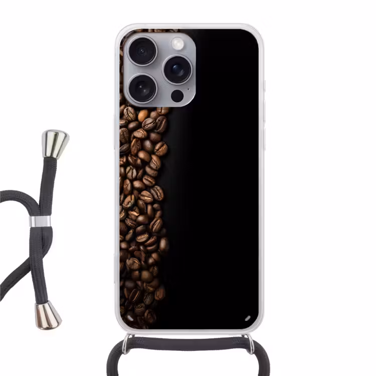 Koffiebonen - Zwart - Eenvoudig Hoesje iPhone 16 Pro Max met koord klein -3d