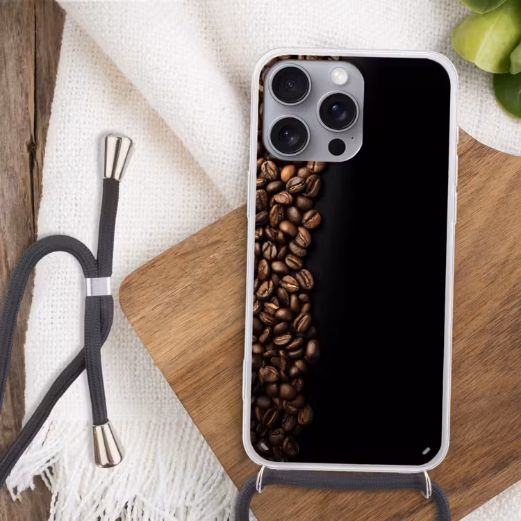 Koffiebonen - Zwart - Eenvoudig Hoesje iPhone 16 Pro Max met koord klein -sfeer4