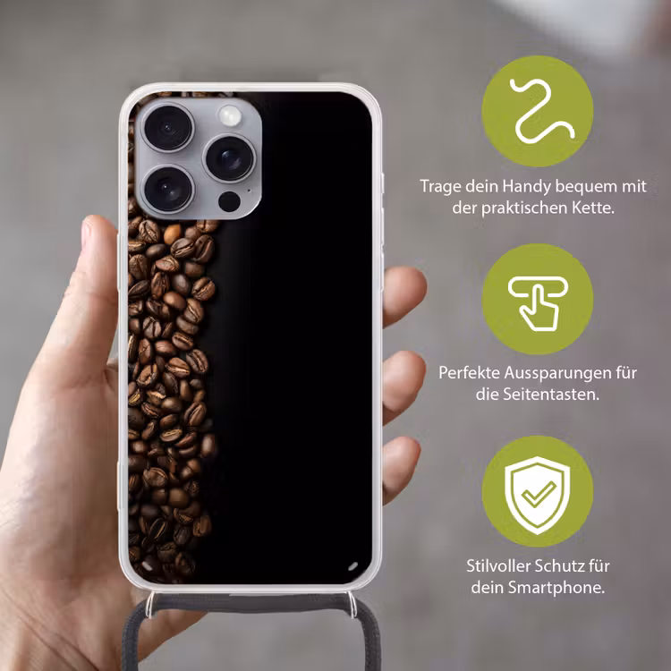 Koffiebonen - Zwart - Eenvoudig Hoesje iPhone 16 Pro Max met koord klein -sfeer2_DE