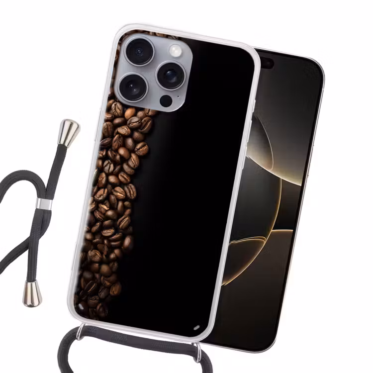 Koffiebonen - Zwart - Eenvoudig Hoesje iPhone 16 Pro Max met koord klein -sfeer1