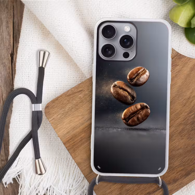 Koffiebonen - Zwevend - Grijs Hoesje iPhone 16 Pro Max met koord klein -sfeer4
