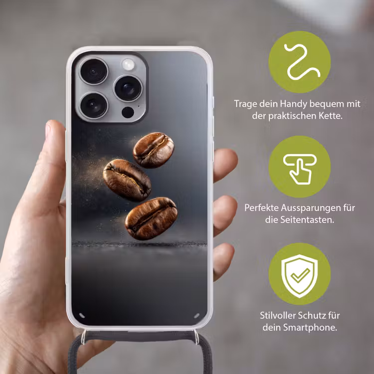 Koffiebonen - Zwevend - Grijs Hoesje iPhone 16 Pro Max met koord klein -sfeer2_DE