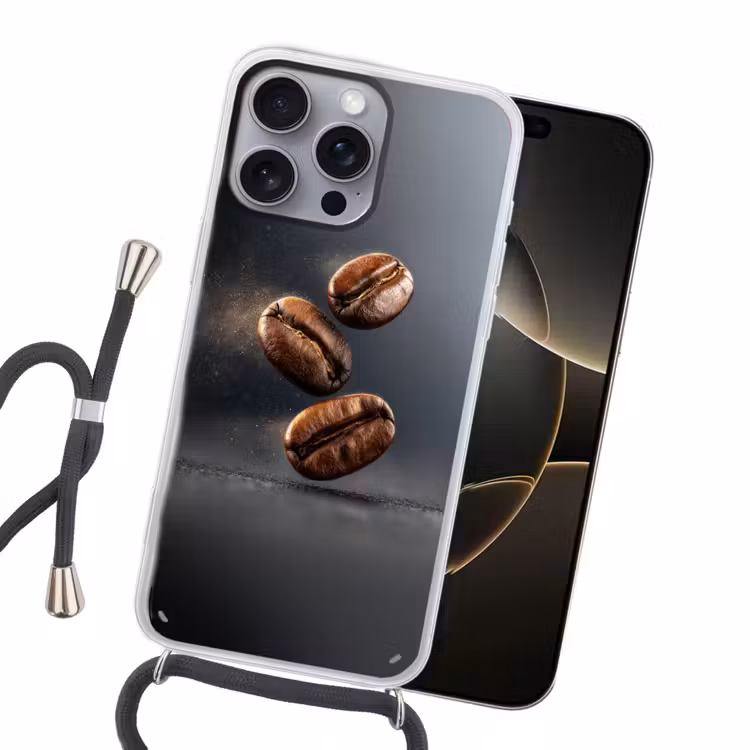 Koffiebonen - Zwevend - Grijs Hoesje iPhone 16 Pro Max met koord klein -sfeer1