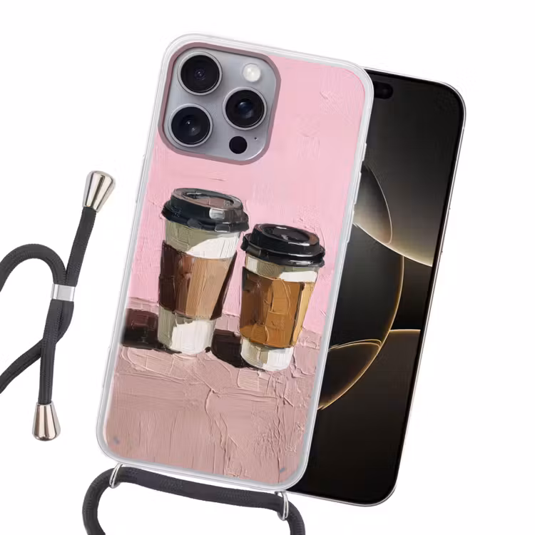 Koffiebekers - Deksel - Verf - Textuur Hoesje iPhone 16 Pro Max met koord klein -sfeer1