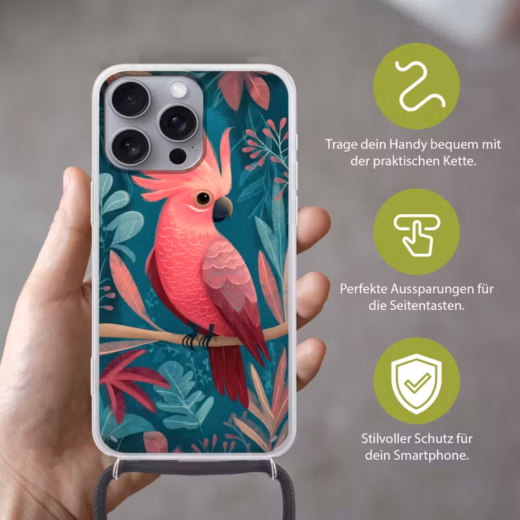 Kaketoe - Tropische bladeren - Tak Hoesje iPhone 16 Pro Max met koord klein -sfeer2_DE